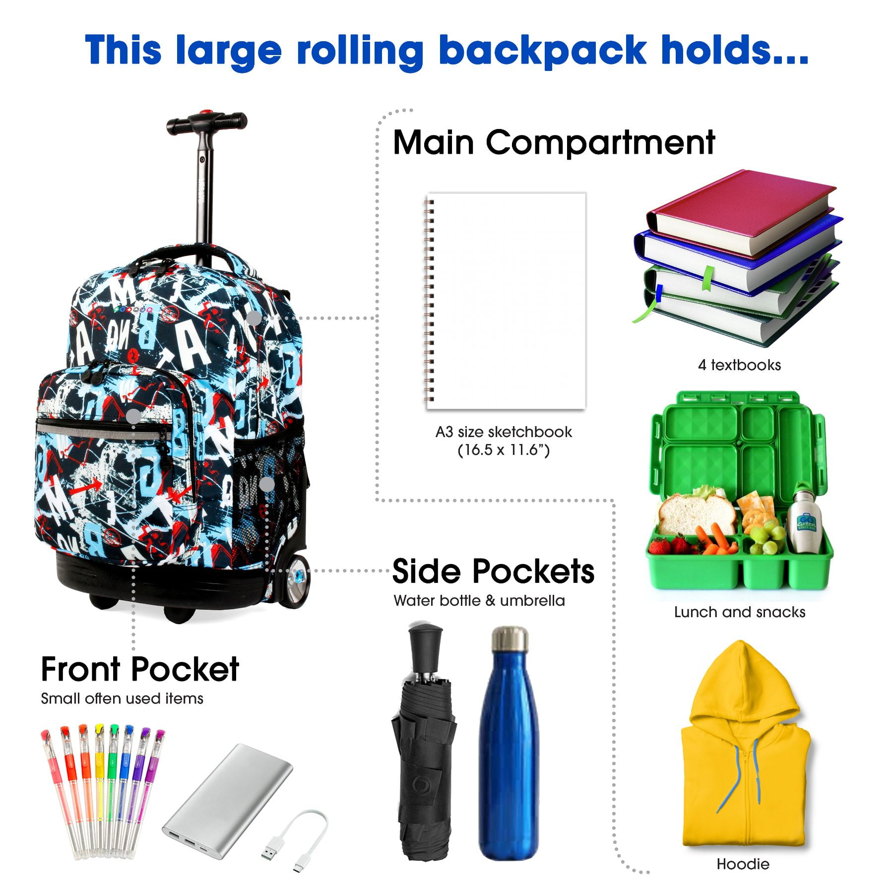 J World Boys and Girls Sunrise 18" Rolling Backpack for School and Travel, Graffiti