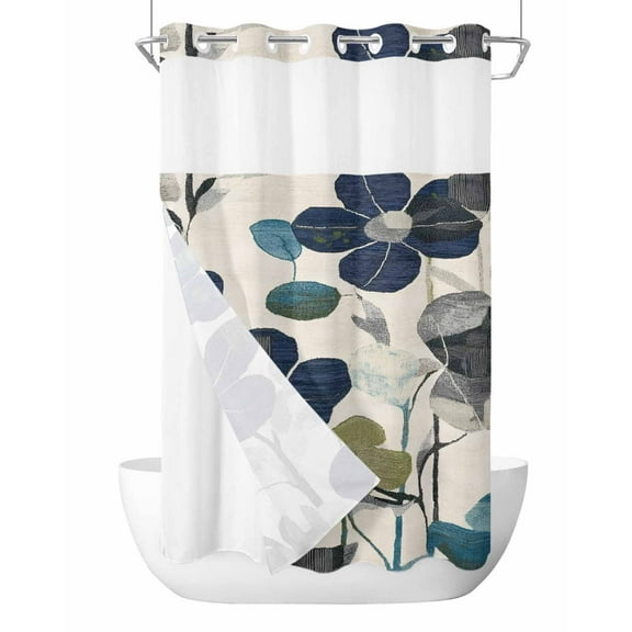 No Hook Shower Curtains with Snap in Liner, Navy Blue Green Floral Waterproof Fabric Shower Curtain, Vintage Botanical Leaves Double Layers & See-Through Top Window Bathroom Curtains 36''x72''
