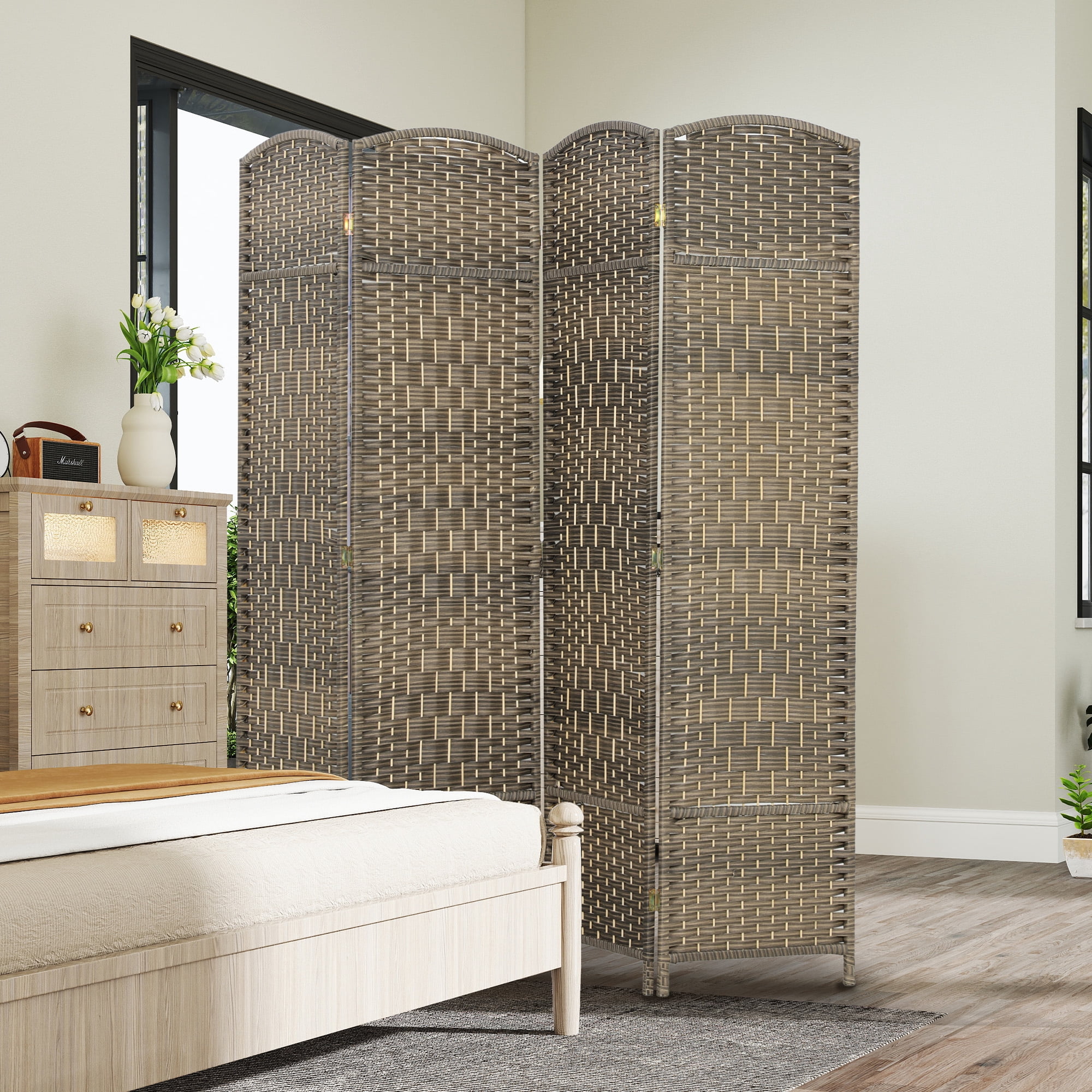 HOMCOM 4 Panel Room Divider, 6' Tall Folding Privacy Screen, Woven Freestanding Wood Partition for Home Office, Bedroom, Dark Rustic Oak