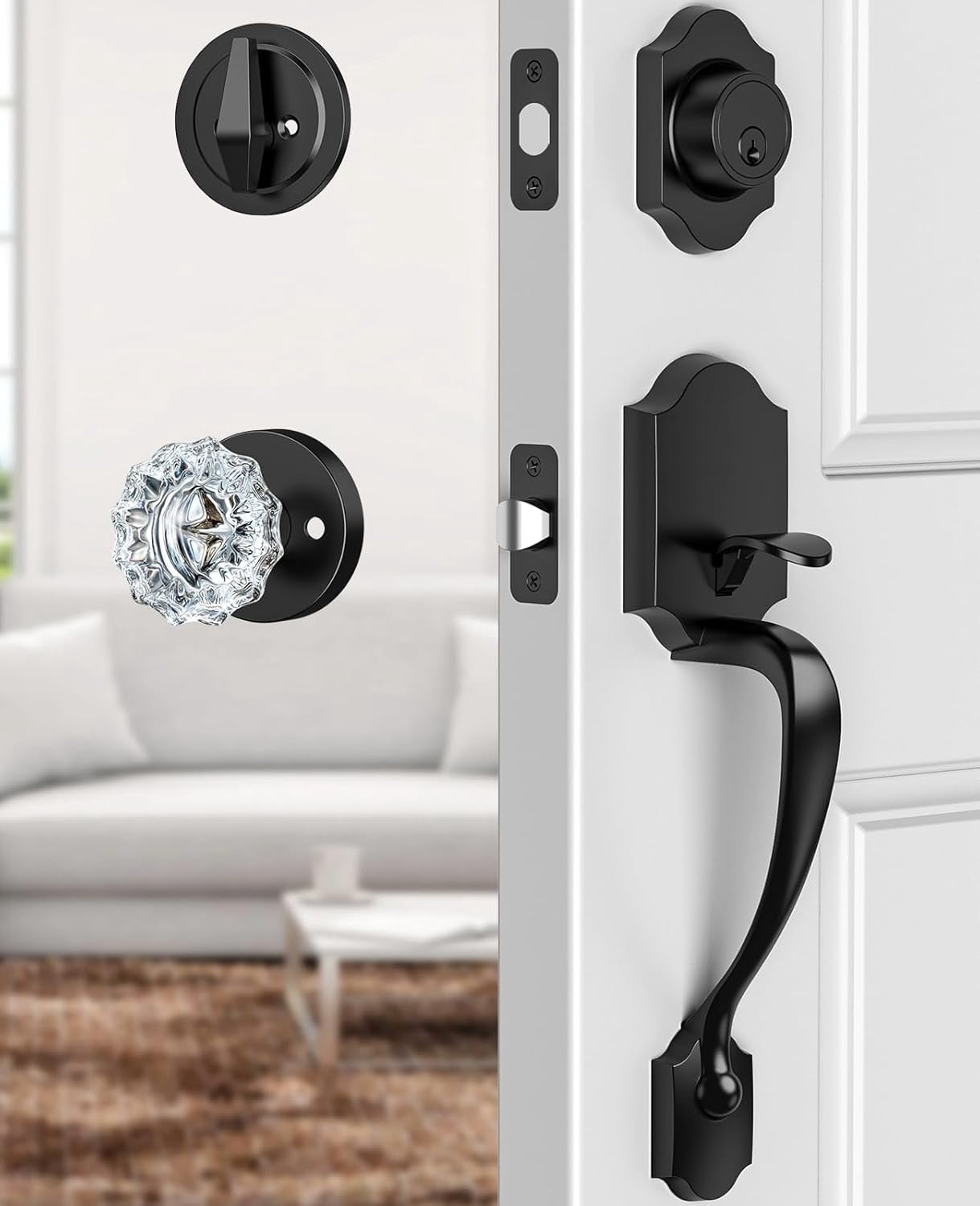 Satin Brass Front Door Handle and Deadbolt Set, Front Door Lock Set with Crystal Glass Door Knob, Exterior Door Lock Set with Single Cylinder, Reversible for Right & Left, Gold