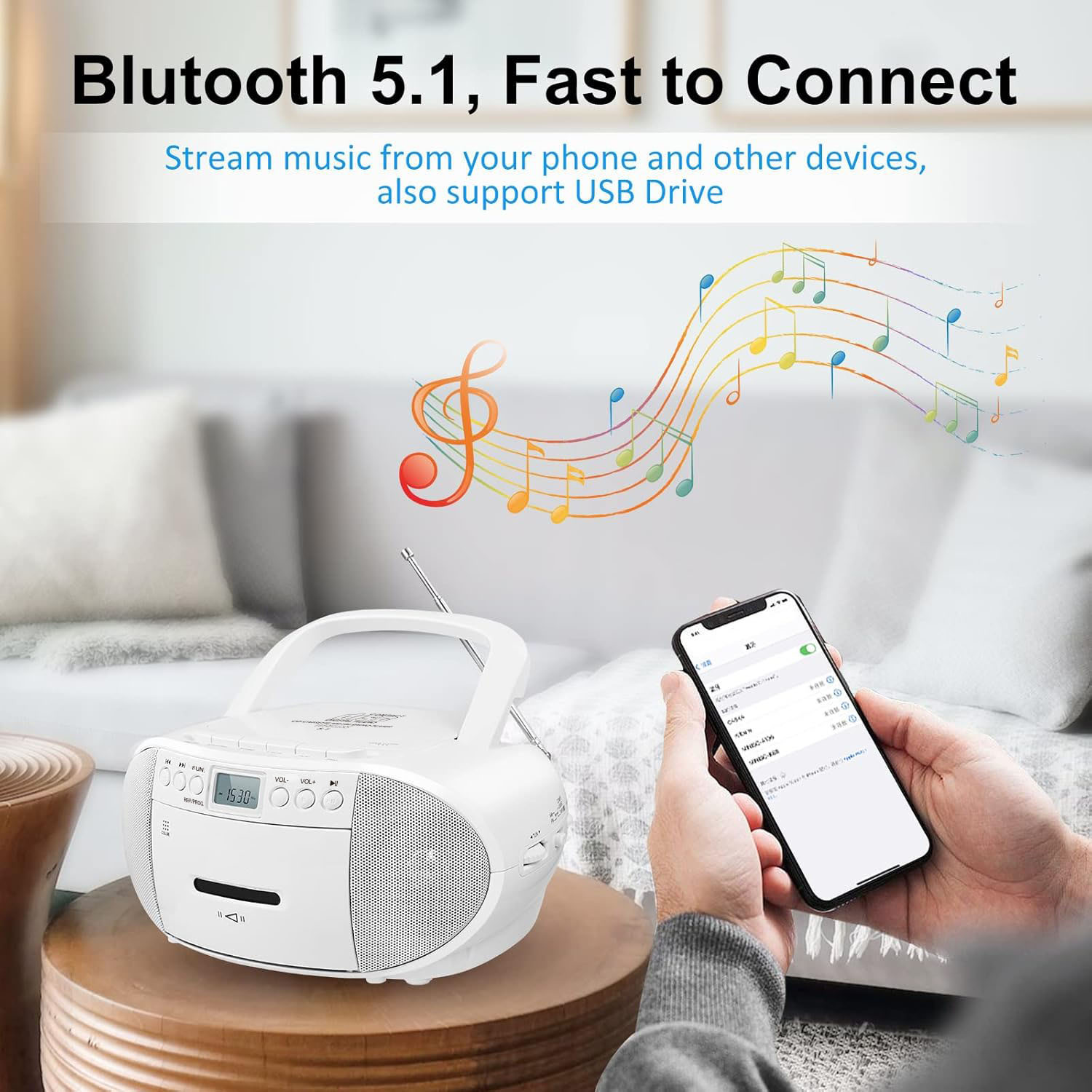 Prociv Portable CD Cassette Boombox with Bluetooth, White photo 4