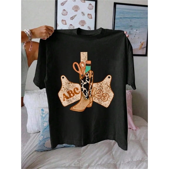 Fashion Graphic Tee,Tops Has"ABC 123"Letter Pattern And School Supplies Design,Casual Round Neck Regular Fit T-shirts, Size(S-5XL)