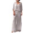 thumbnail image 2 of 2 Picec of Outfit Sets for Womens Fashion Plus Size Summer and Autumn V-neck Solid Color Short Sleeve Wide Legs Split Fork Loose Pants, 2 of 6