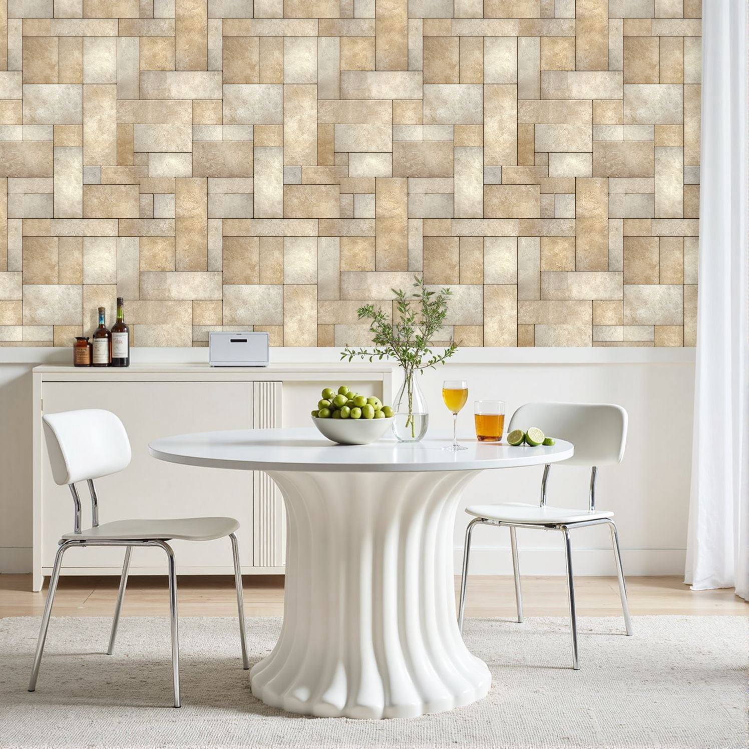 Peel and Stick Wallpaper Beige Cream Geometric Stone Tile Natural Texture 17.7in x 118in Contact Paper Removable Self Adhesive Wall Mural Wall Decor for Bedroom Kitchen Cabinets