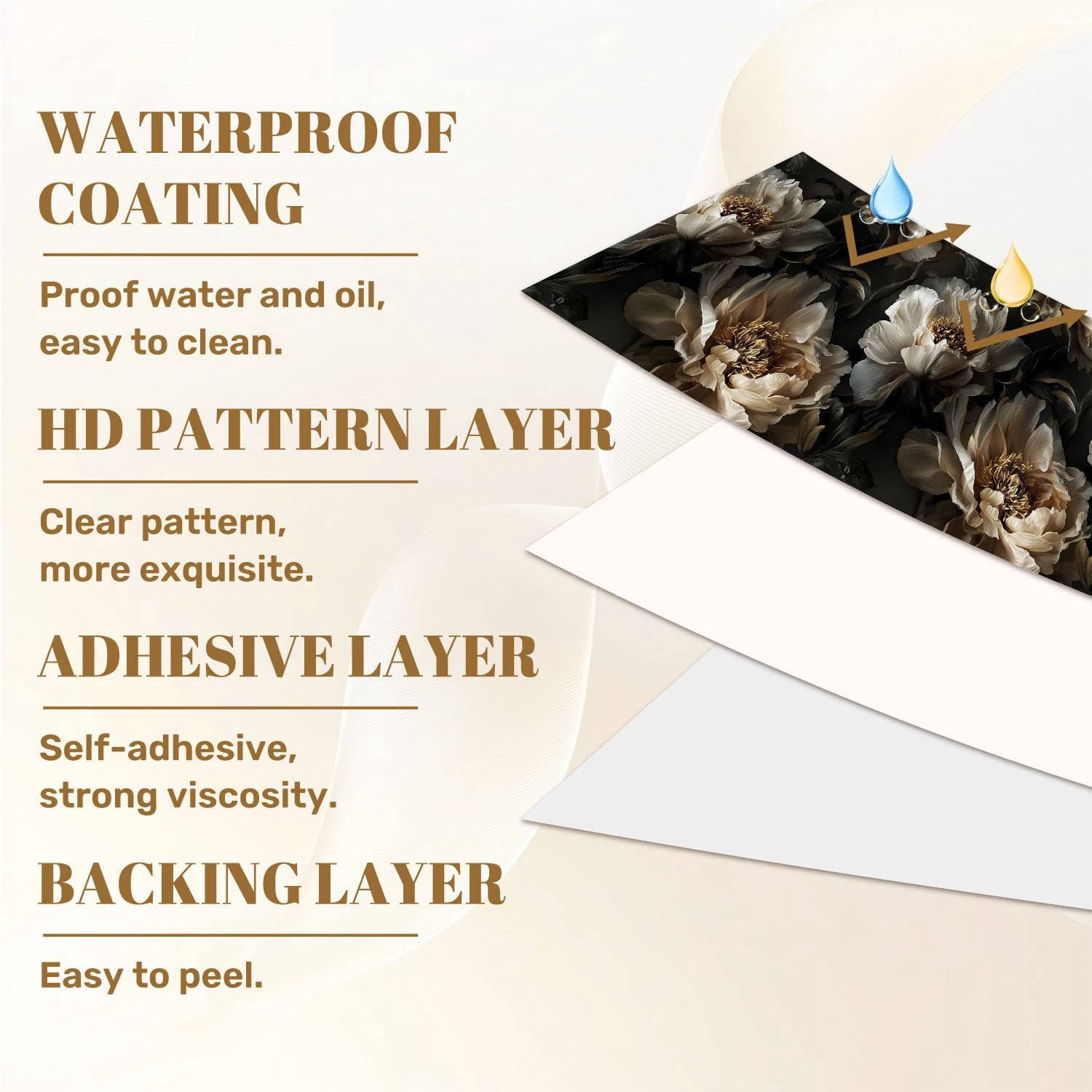 Peel and Stick Wallpaper Elegant Peony Flowers Soft Beige White Tones Dark Wall Mural 23.6in x 9.8ft Self Adhesive Removable Wall Paper Renter Friendly Wallpaper for Nursery Bedroom Cabinets