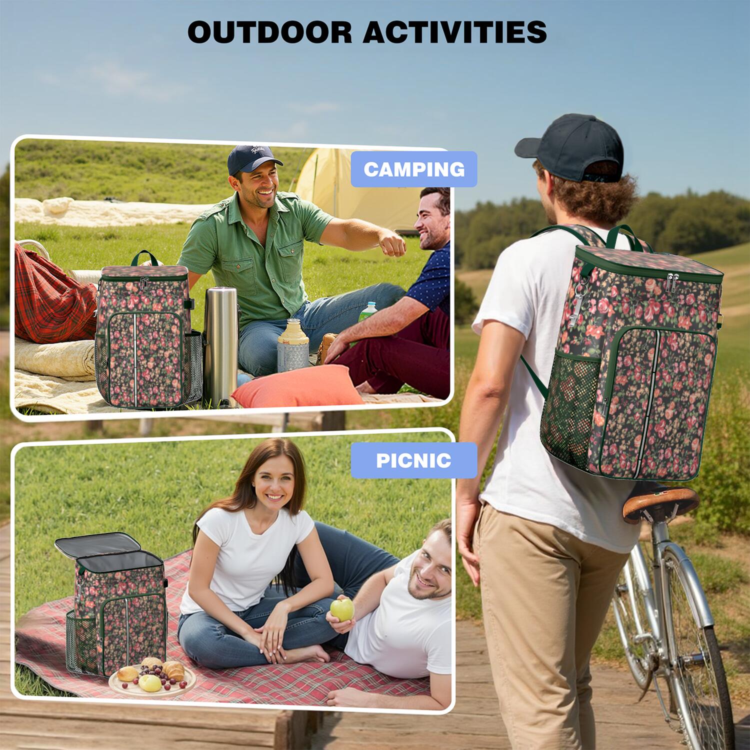 Travel Cooler Bag - Pioneer Flower Floral Print Pattern Camping Beer Cooler Backpack with Bottle Opener- Waterproof Insulated Picnic Backpacks - Cooler Bag for Beach