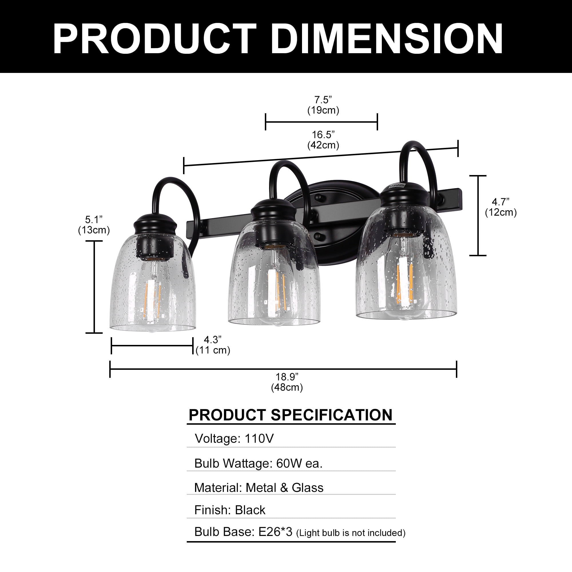 Briignite 3 Light Bathroom Vanity Light Fixtures, Modern Black Vanity Lights Over Mirror, Vintage Wall Sconce with Seeded Glass Shade, Black Vanity Lights for Bathroom