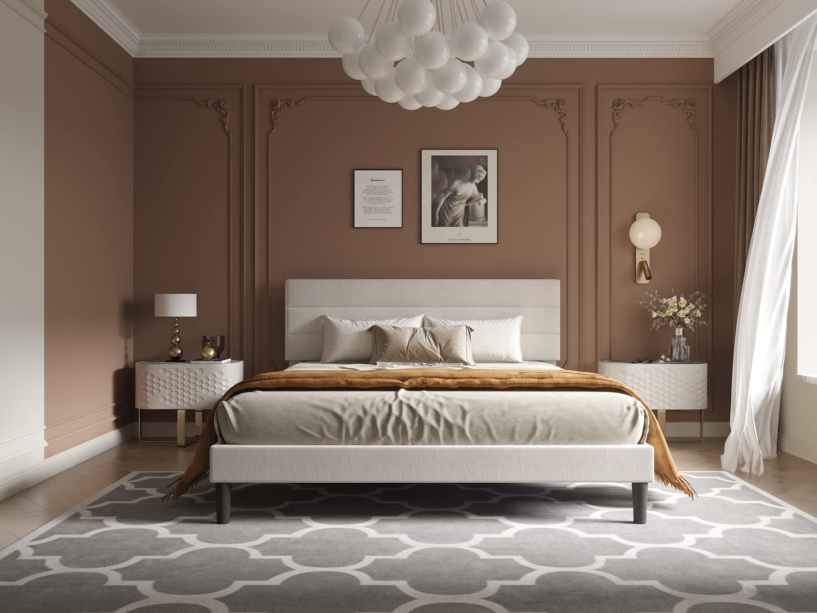 BONSOIR FULL Size Bed Frame Modern Horizontal Panel Upholstered Low Profile Platform with Tufted Headboard/No Box Spring Needed/No Bed Skirt Needed/Linen Fabric Upholstery/Beige (Full Size)