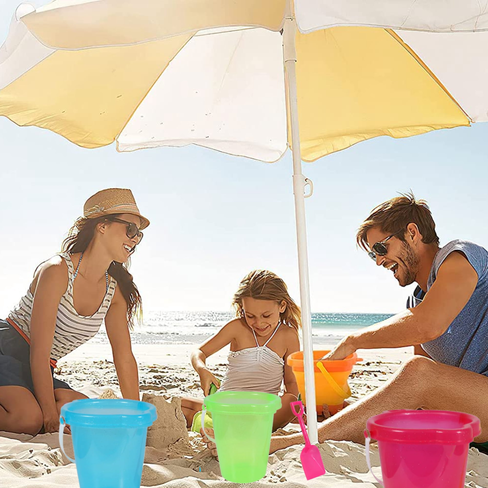 Glittery Plastic Beach Pails with Shovels 7 inches for Kids Sand Castle Bucket Mold Pail Summer Outdoor Pool Toys Practical Gift Party Favor & Prize Set of 4 Color Varies & CUSTOM Storage Carrier
