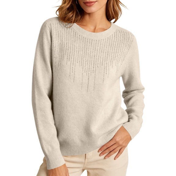 MYAOYINo Boundaries Womens Glitter Front Detail Round Neck Knit Top Long Sleeve Elegant Blouse