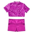 thumbnail image 6 of renvena Kids Girls Short Sleeves Sparkly Crop Top and Shiny Metallic Short for Cheerleading Performance Hot Pink 10, 6 of 7