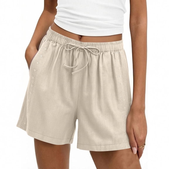 Aobny Cotton Linen Women Shorts Bermuda Lace Clothing Casual Baggy Plus Size Womens Shorts,Beige,L
