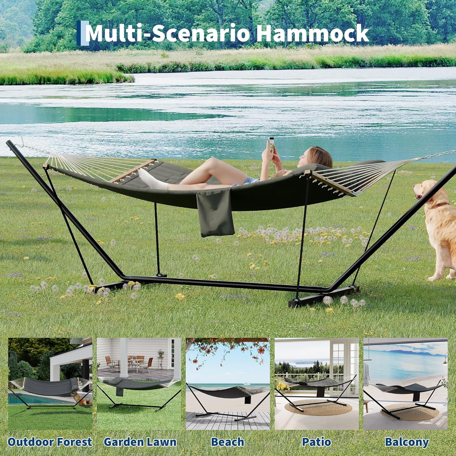 2 Person Outdoor Hammock with Stand, Heavy Duty Portable Double Hammock with Balance Rope, MAX 450 LBS Capacity for Patio, Backyard, Garden, Beach