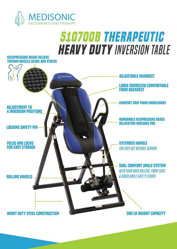 Medisonic 510700B Heavy Duty Stress Relieving Acupressure Beads Massage Relaxation Inversion Table 300LB Weight Capacity Steel Frame