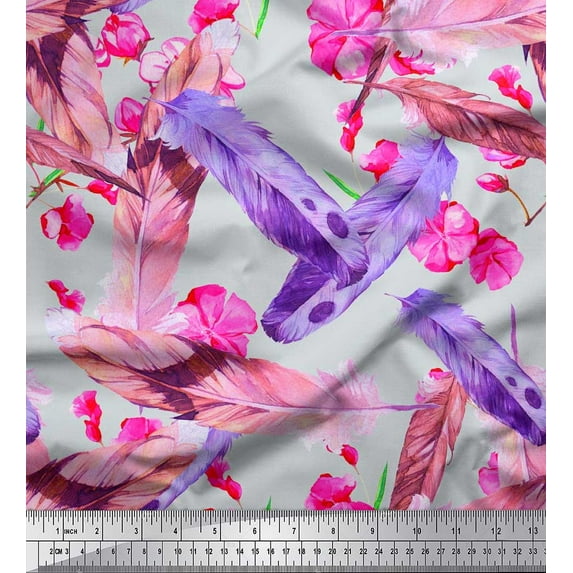 Soimoi Cotton Duck Fabric Flowers & Feather Printed Craft Fabric by The Yard 42 Inch Wide