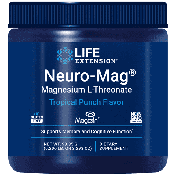 Life Extension Neuro-Mag® Magnesium L-Threonate (Tropical Punch), powder mix for memory, recall speed, cognitive health, gluten-free, non-GMO, vegetarian, 93.35 grams