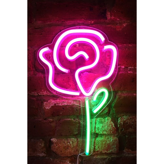 Isaac Jacobs 15" x 9" LED Neon Pink Rose Flower with Green Stem Wall Sign, Powered by USB Wire