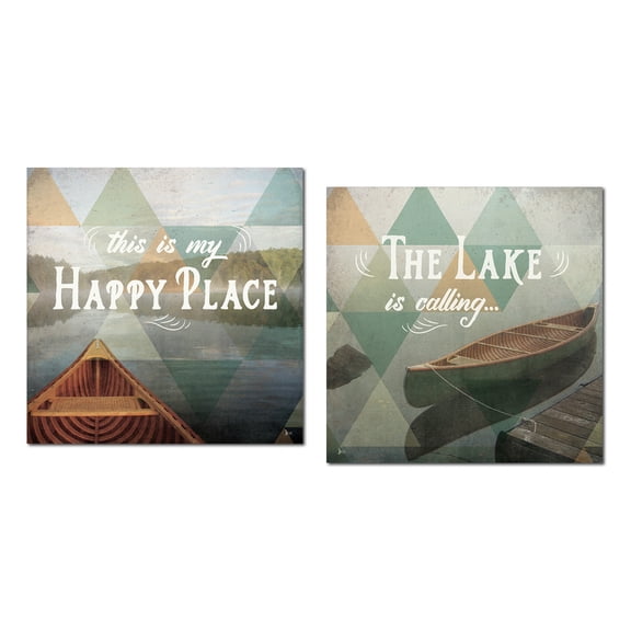 Vintage-Style Outdoors "This Is My Happy Place" and "The Lake Is Calling" Set by Jess Aikent; Cabin Lodge Decor; Two 12x12in Paper Prints