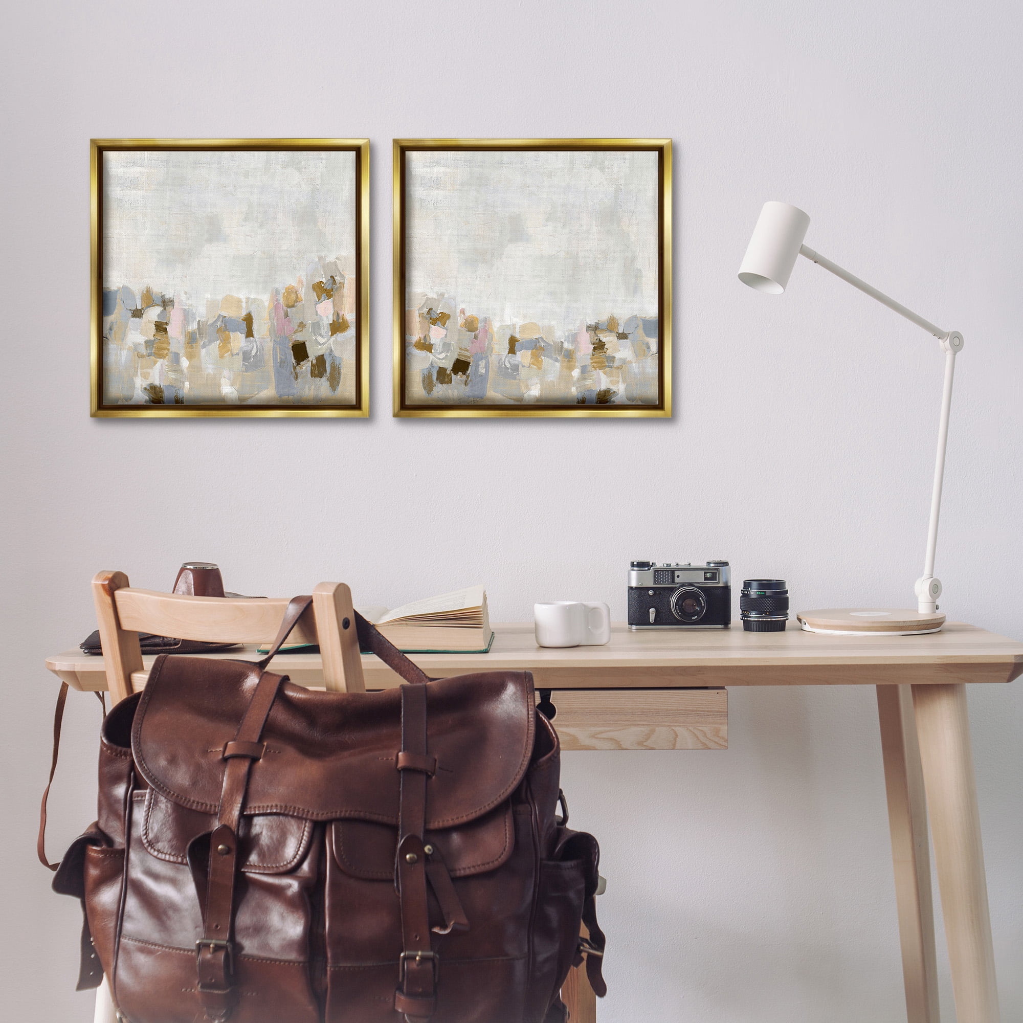 Stupell Industries Neutral Geometric Horizon Abstract Painting Gold Floater Framed Canvas Art Print Wall Art, 18 x 18, Set of 2