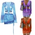 thumbnail image 4 of KOMOO Women Two Piece Mesh Outfits Sets Boho Floral Tie Dye Tie Knot Long Sleeve Crop Top Drawstring Mini Skirts Sets Beachwear, 4 of 4
