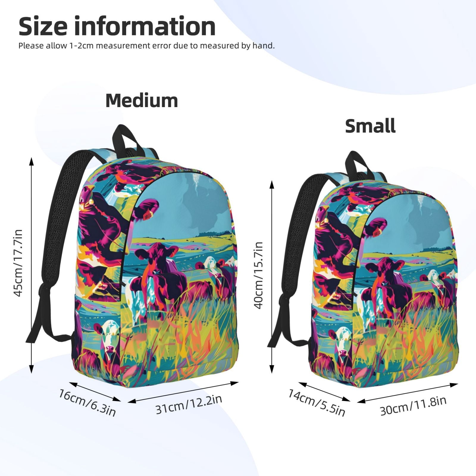 Picia Pop Art Colorful Cows Printed Canvas Daypack - Stylish and Durable Vintage Compact Backpack - Class, Work, Travel, or Laptop Bookbag,Organized Compartments-Medium