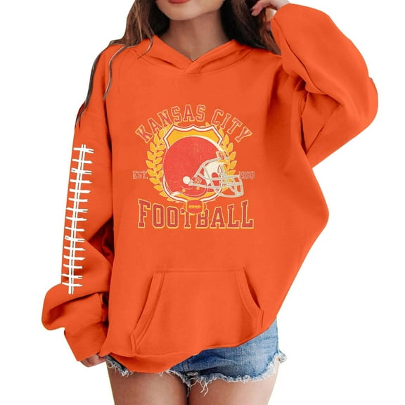 WhouRiu Big Girls Hoodies and Sweatshirts Long Sleeve Baseball Print Pullover Outerwear Hooded Tops Orange,Sizes 9-10