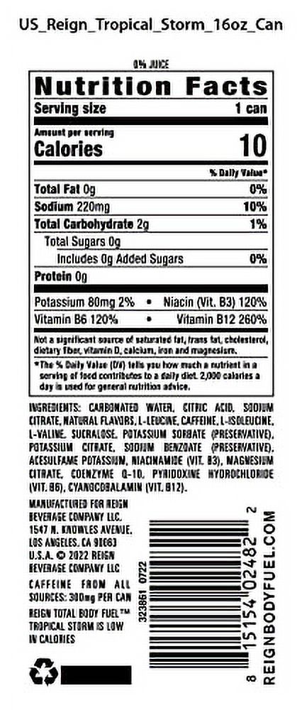 REIGN Total Body Fuel, Tropical Storm, Fitness & Performance Drink, 16 Fl Oz (Pack of 12)