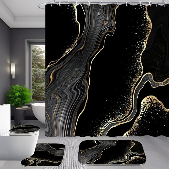 4 Pcs Black Gold Marble Shower Curtain Sets with Rugs Modern Bathroom Sets with Shower Curtain and Rugs Abstract Bathroom Decor Accessories Shower Curtains for Bathroom Toilet Lid Cover