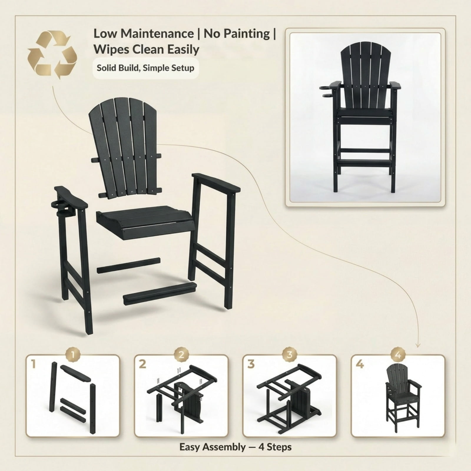 Bar Height Adirondack Chair with Cup Holder, Outdoor Patio HDPE Bar Chair with Armrests, Ergonomic High Back Chair for Deck, Porch, Backyard