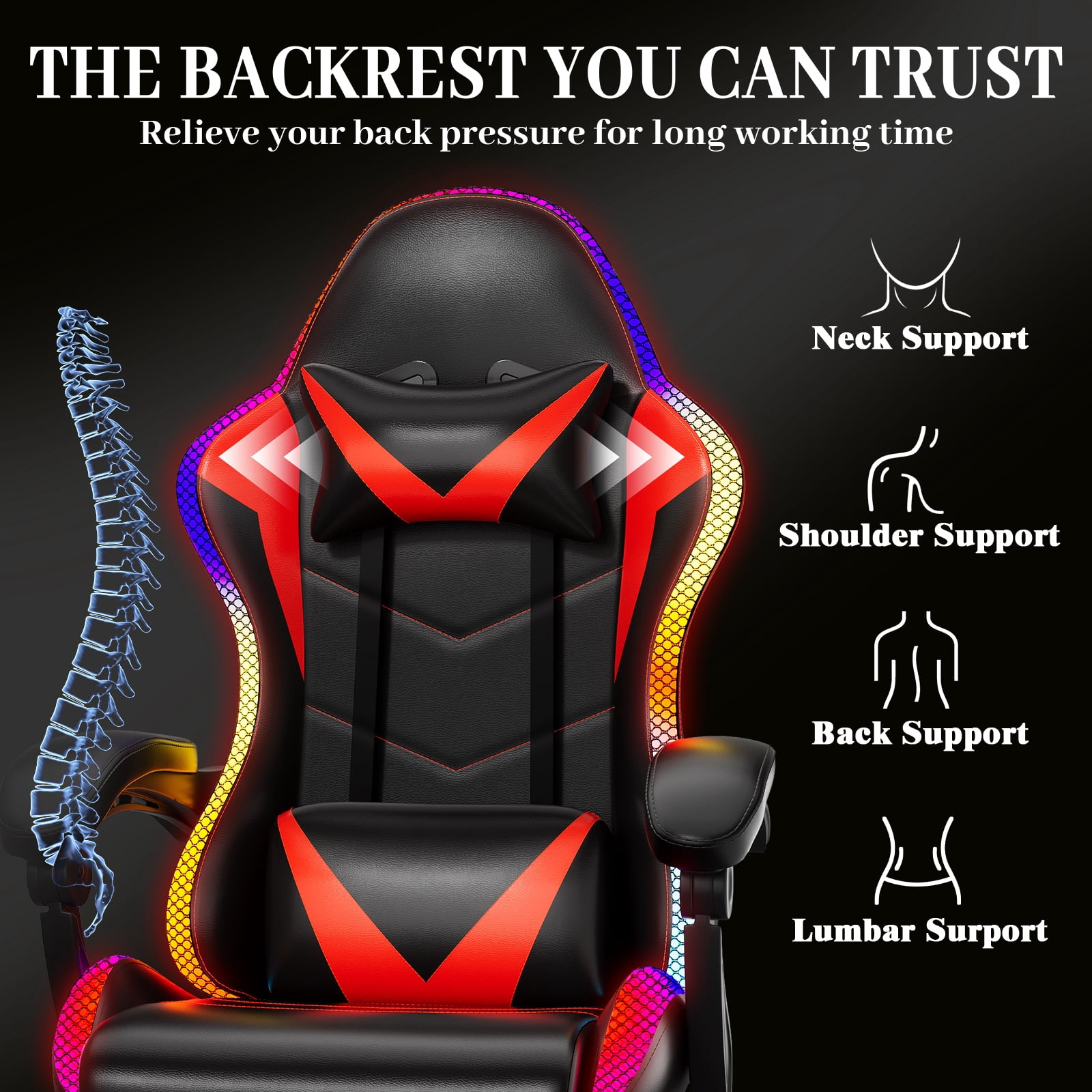 Czlolo Gaming Chair, Racing Style RGB LED Lights Gaming Chairs for Adults and Kids, Lumbar Massager Gamer Chair, High Back Reclining Computer Chair with Footrest and Headrest (Black/Red)