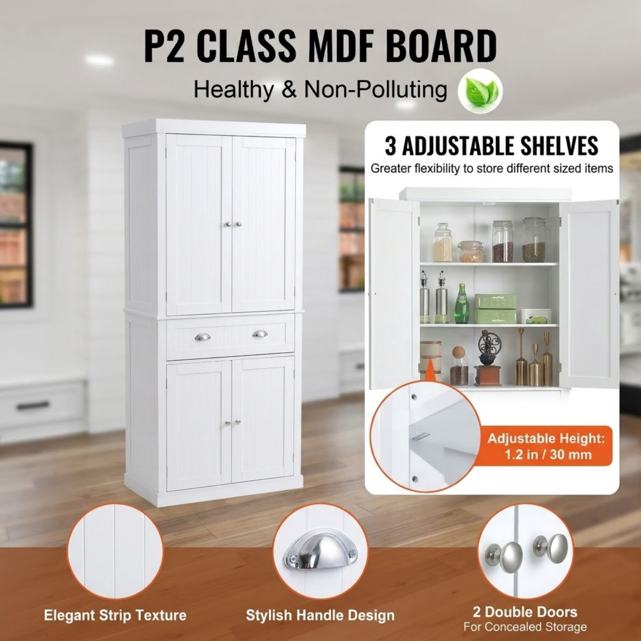 72" Kitchen Pantry Storage Cabinet, Tall Freestanding Utility Cabinet with Doors, Drawer and 3 Adjustable Shelves, White Food Buffet for Kitchen, Dining Room, Laundry