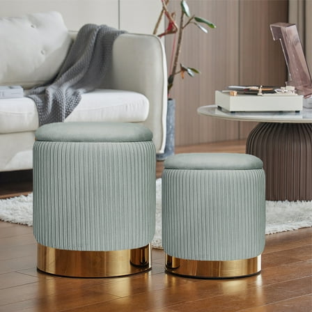 2BYF Round Ottoman with Storage Set of 2 Vanity Stool Foot Rest with Removable Lid Light Grey Velvet Storage Ottoman Stool for Living Room and Dorm