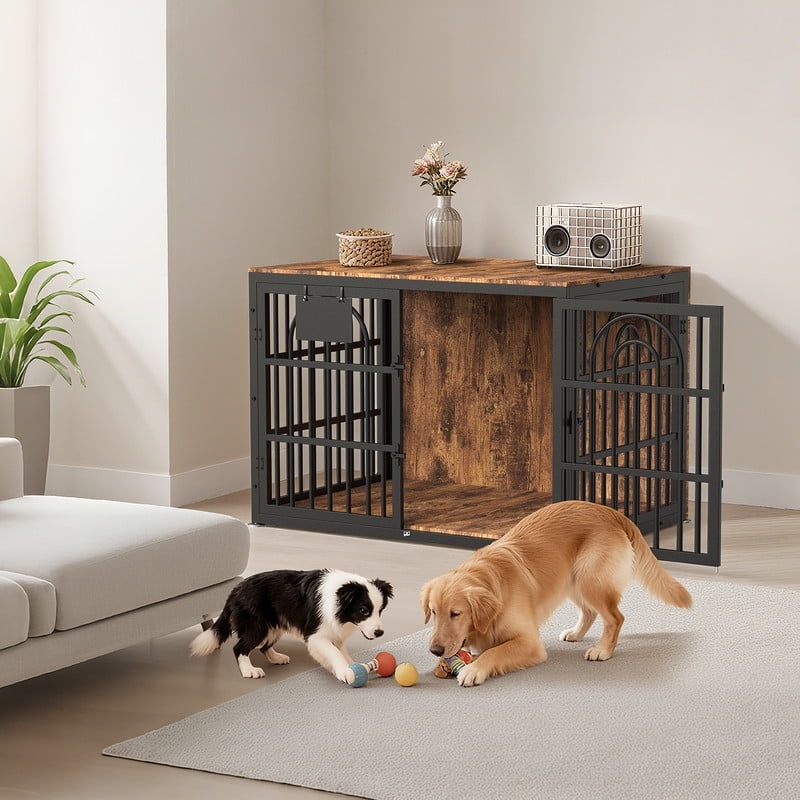 Dog Crate Furniture with Cushion, Wooden Dog Kennel End Table with Double Doors, Heavy Duty Indoor Dog House for Small Medium Large Dogs, Rustic Brown, 32in