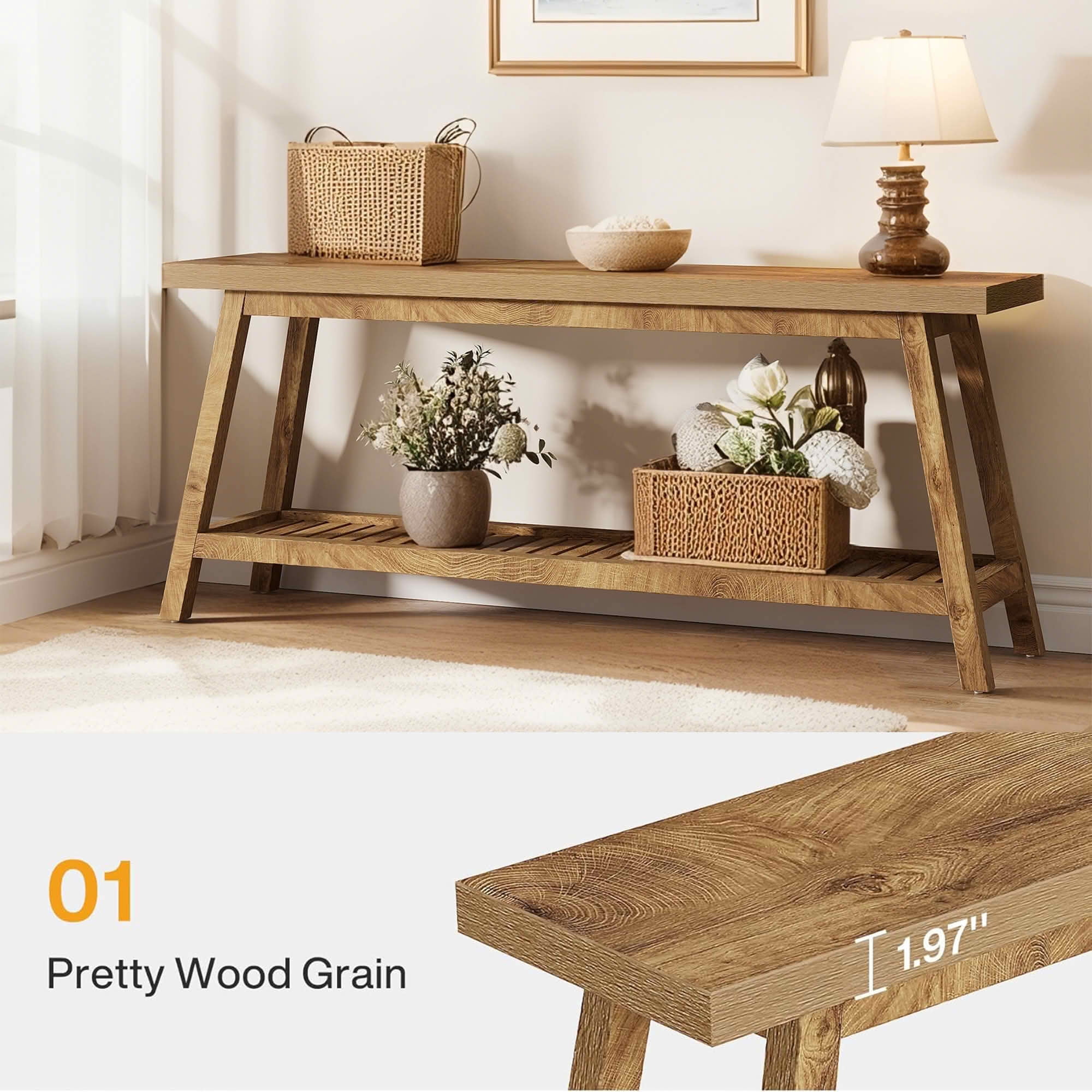 MAYEERTY 70.9" Farmhouse 2-Tier Console Table, Vintage Wood Trapezoid Heavy Base Entryway Sofa Table