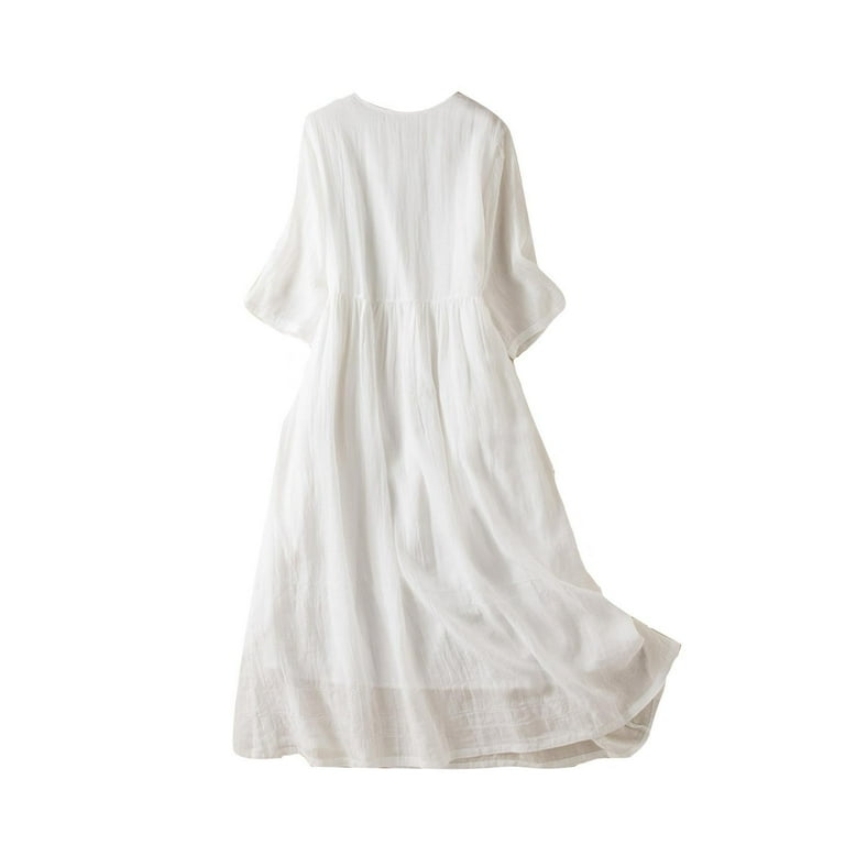 knee length dresses for ladies Casual Midi Long Sleeves Linen Dress – Old Linen Mill