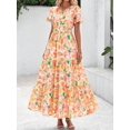 thumbnail image 4 of Orange Blossom Floral V-Neck Short Sleeve Elastic Waist Maxi Dress Casual, 4 of 30