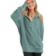 thumbnail image 3 of Women'S Oversized Long Sleeve Hoodie Button-Down V-Neck Sweatshirt Side Slit Casual Pullover Top Peacock Green M, 3 of 9
