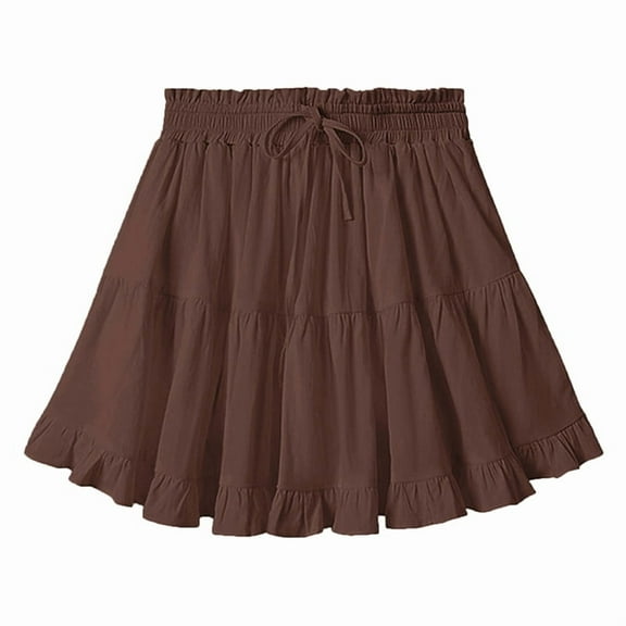 Women Boho Ruffled Tiered Swing Beach Skorts Drawstring High Waisted Tennis Golf Y2K Short Skirt Brown L