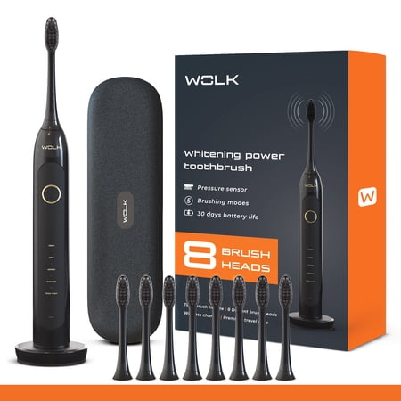WOLK T6421 Ultra Whitening Toothbrush with Pressure Sensor & 5 Brushing Modes 8 Dupont Brush Heads Premium Travel Case Rechargeable. Black