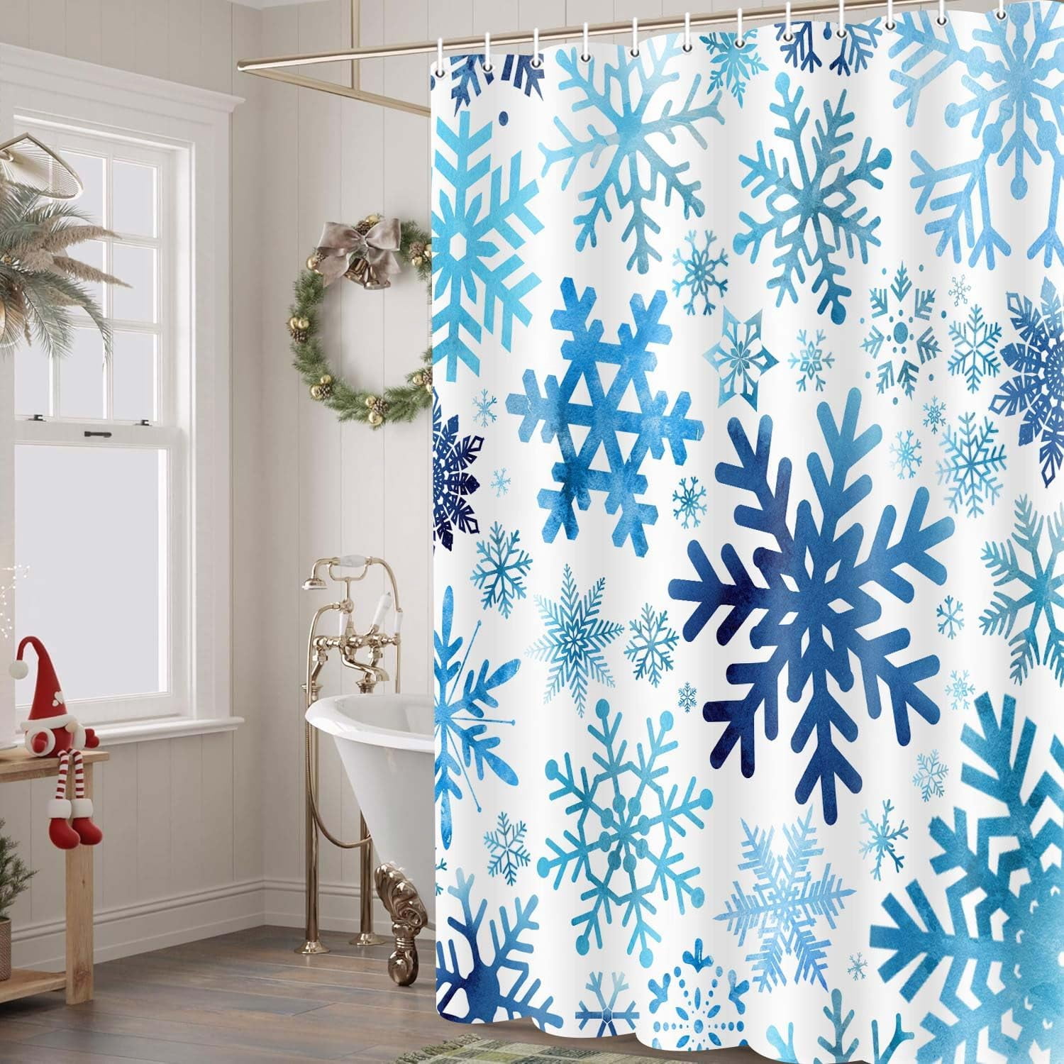 Christmas Shower Curtain Blue Snowflake Holiday Shower Curtain for Bathroom Decor, Fun Cute Festive Winter Bathroom Accessories 70X70IN Blue