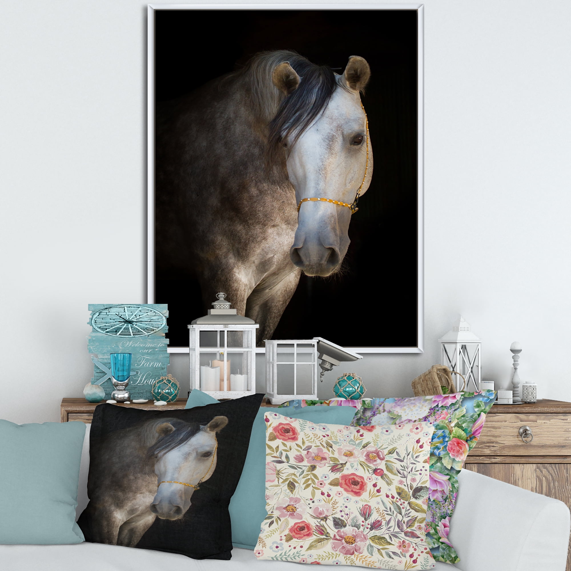 Designart 'Close Up Portrait Of A White Horse' Farmhouse Framed Canvas Wall Art Print