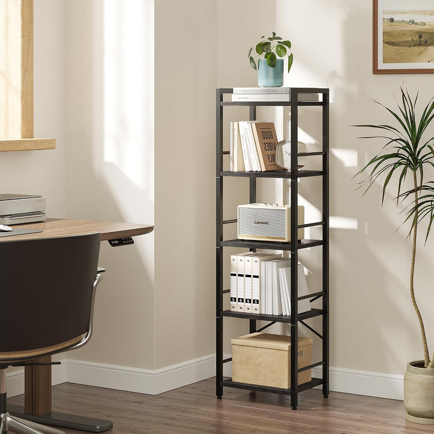 Bookshelf 5-Tier Tall Bookcase for Small Space | Bookshelf Storage Organizer with Side Rails Sturdy Metal and Wood Storage Shelves for Living Room Bedroom Office Black