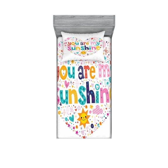 Ambesonne Cartoon Fitted Sheet & Pillow Sham Set, Words with Heart Shapes, Twinxl, Multicolor