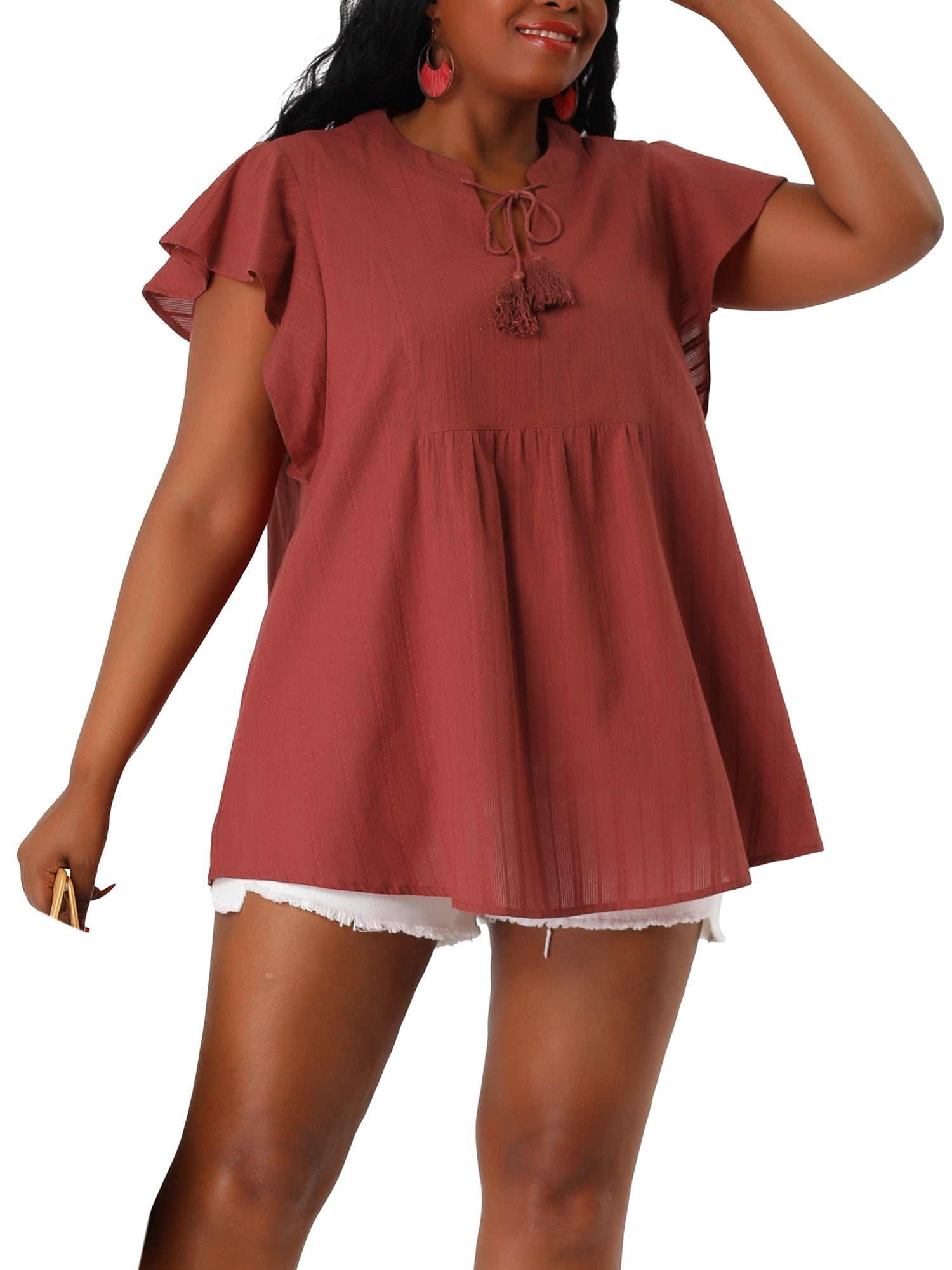 Unique Bargains Juniors' Plus Size Flutter Sleeve Drawstring Flowy Split V Neck Tunic Top Brick Red 1X