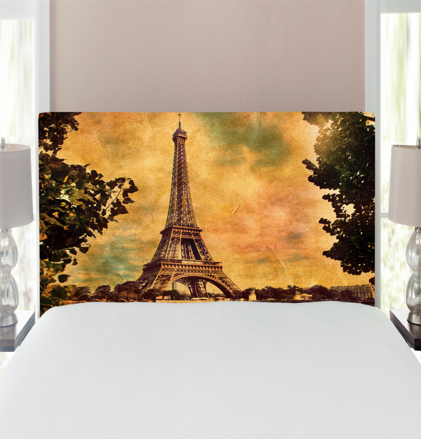 Eiffel Tower Headboard, Eiffel Tower Trees River Bridge Water Daytime