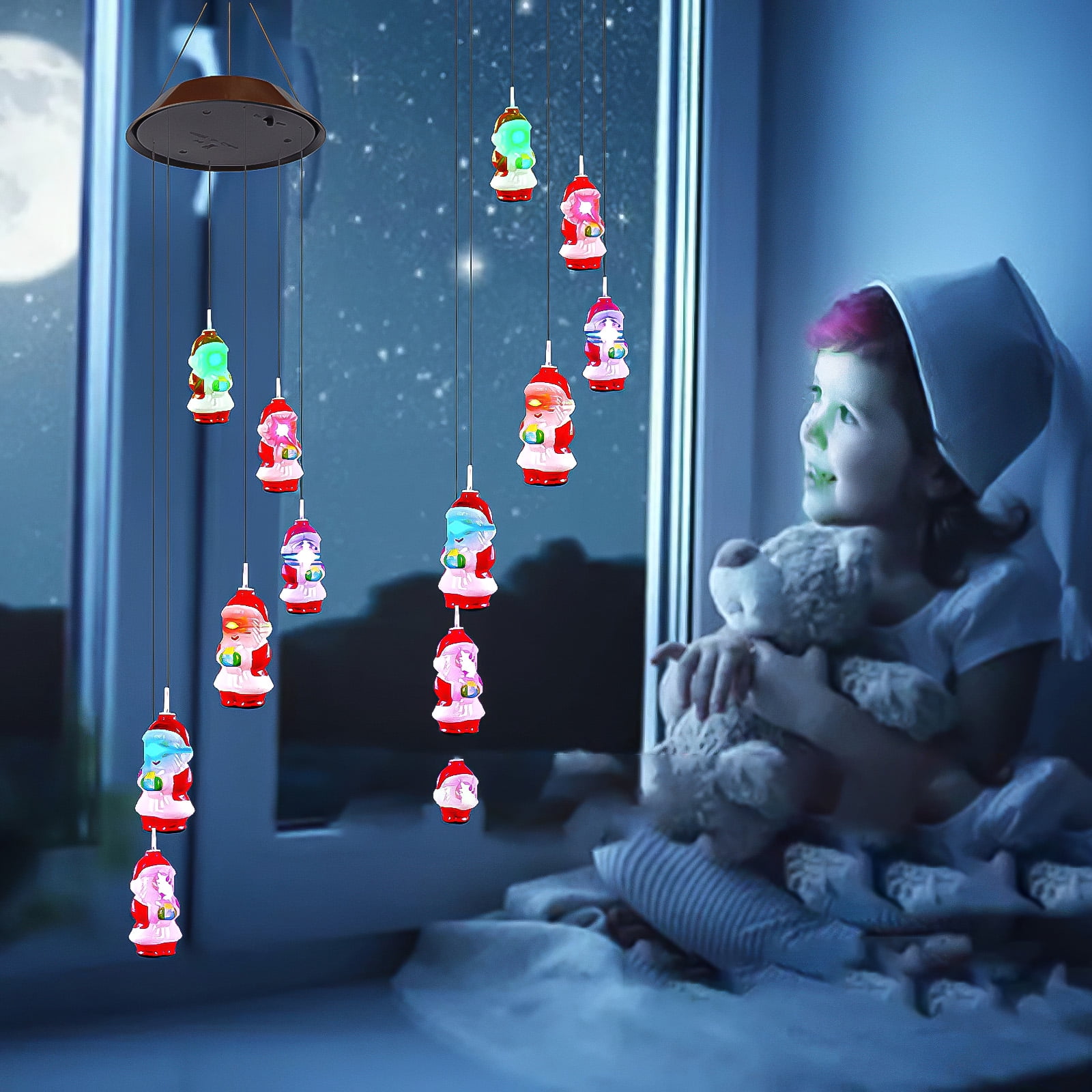 Solar Powered LED Lights Hanging Santa Claus Christmas Dangler Wind Chime 