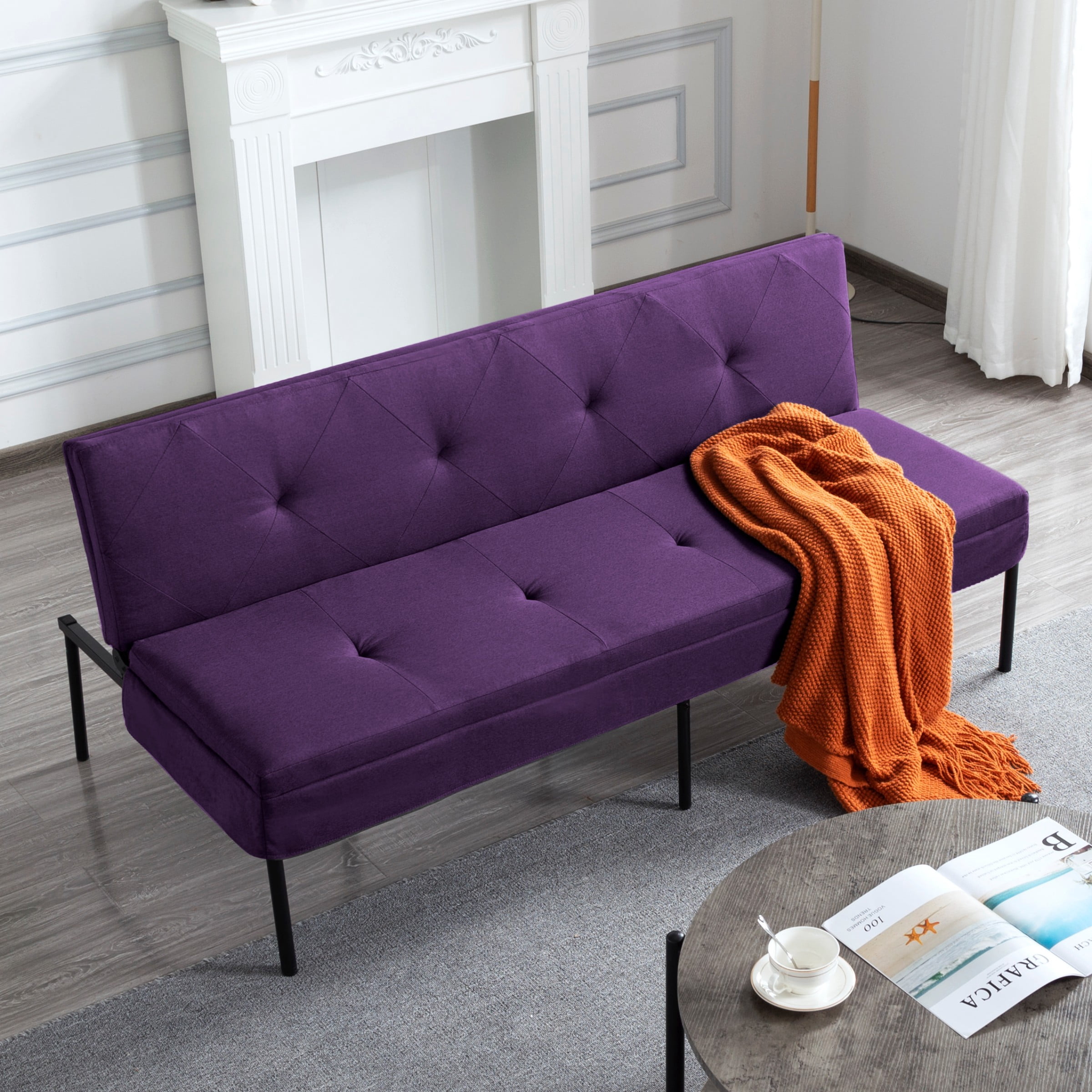 BSHTI 63.39" Futon Sofa Bed with 5 Adjustable Positions – Polyester Fabric Convertible Sleeper Couch with Iron Frame, Clean-Lined Modern Design for Living Room, Apartment, Office, Dormitory, Purple