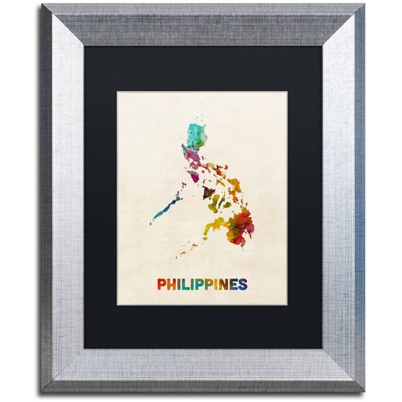 Trademark Fine Art "Philippines Watercolor Map" Canvas Art by Michael Tompsett, Black Matte, Silver Frame