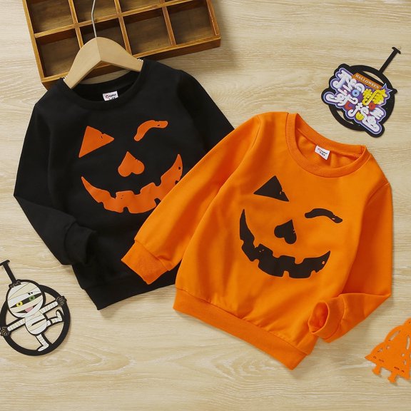 PatPat Toddler Boys Girls Halloween Sweatshirt,Pumpkin Face Kids Pullover T Shirts Top Tees Long Sleeve Fall Clothes Outfit,1-6T