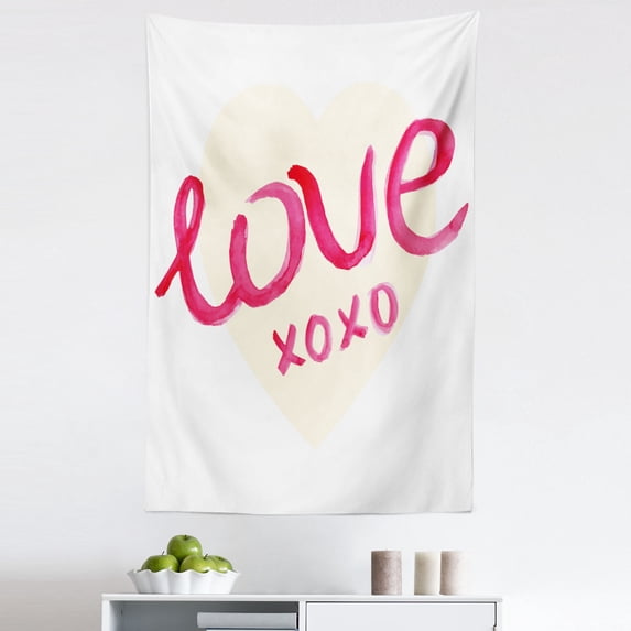 Xo Tapestry, Love Typography on a Heart with Kisses Letters Romantic Print, Fabric Wall Hanging Decor for Bedroom Living Room Dorm, 5 Sizes, Dark Coral and Cream, by Ambesonne